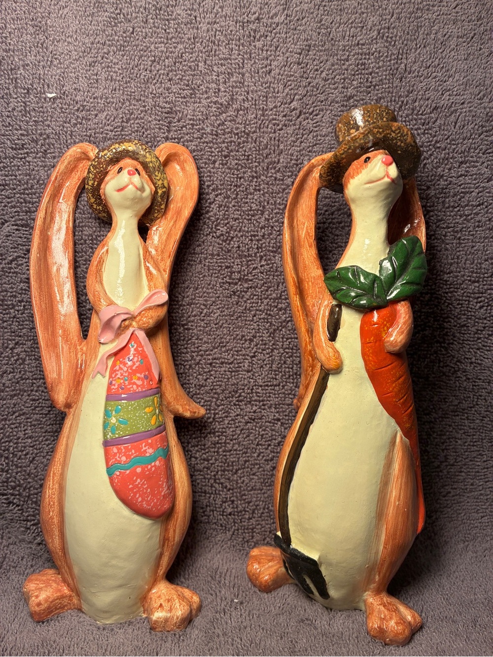 Whimsical Bunny Figurine Pair - Orange, Cream & Green